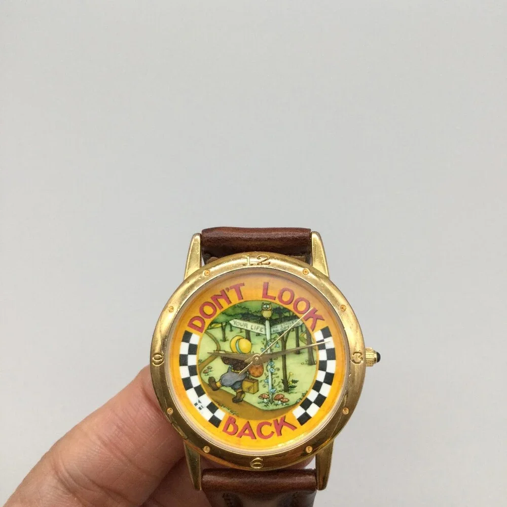 One In A Million Mens Watch 34mm Don't Look Back Gold Tone Leather New Battery
